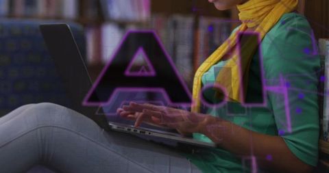 Typing woman wearing yellow scarf using laptop in library with ai hologram overlay