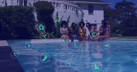 Diverse Friends Enjoying Summer by Backyard Swimming Pool