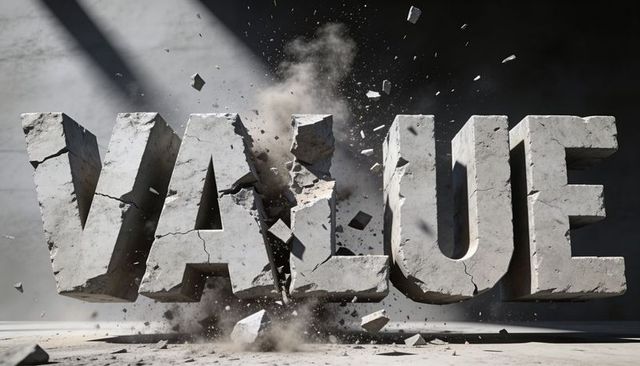 Massive concrete value letters shattering into dust and debris in dramatic explosion impact