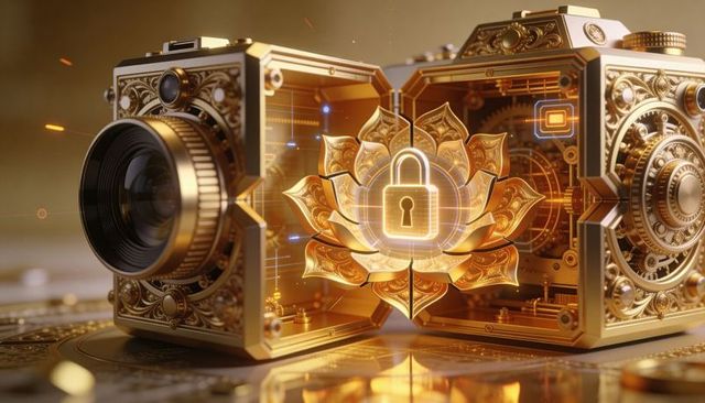 Ornate gold camera housing opening projecting hologram lotus with padlock security emblem