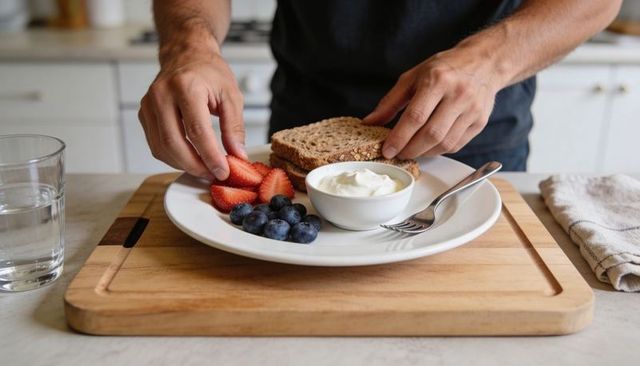 Hands arranging healthy breakfast plate with berries yogurt whole grain toast
