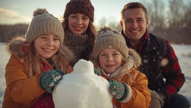 Joyful Family Building Snowman During Winter Outdoors