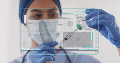 Nurse drawing vaccine into syringe with futuristic holographic medical interface overlay