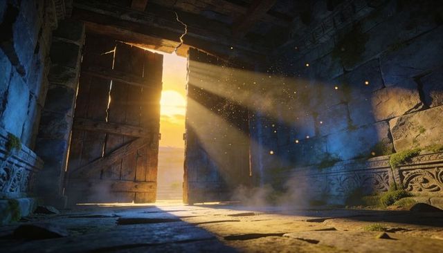 Weathered wooden doors streaming golden sunlight into ancient moss-covered temple ruin