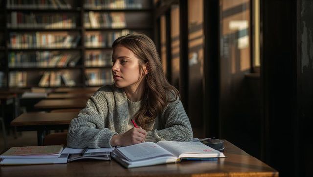 Contemplative Female Student Studying with Red Pen in Sunlit Academic Library Reading Area