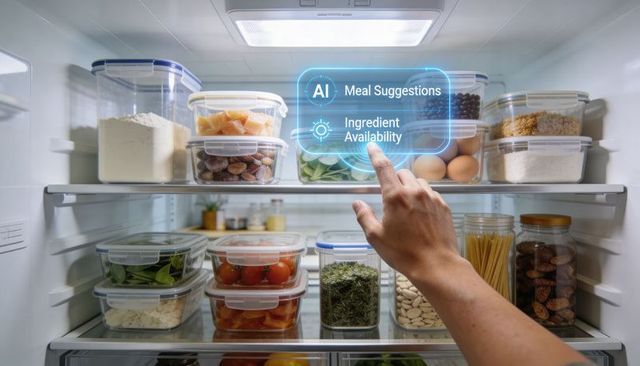 Hand selecting ingredients with smart fridge ai interface for meal suggestions