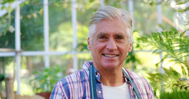Happy caucasian senior man with white hair smiling in greenhouse, copy space. Retirement and senior lifestyle, gardening, healthy lifestyle, unaltered.