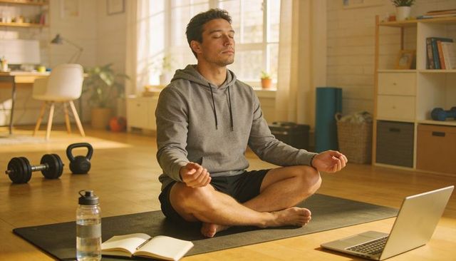 Sunlit home meditation and fitness routine with laptop-guided mindfulness on yoga mat