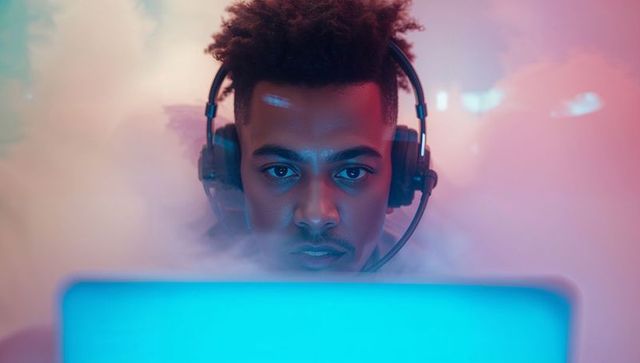 Focused Gamer with Headset and Neon Glow Immersed in Gaming