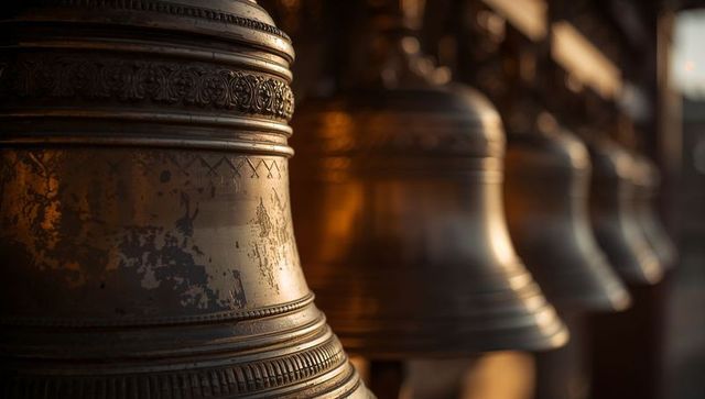 Golden temple bells with ornate engraving and weathered patina in warm sunset light