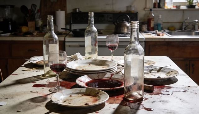 After-party table showing spilled red wine, empty bottles and dirty dishes in rustic kitchen