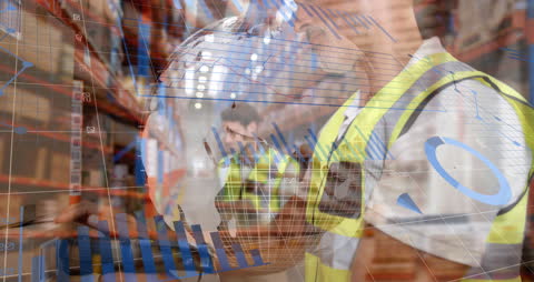 Warehouse Worker Analyzing Inventory with Digital Data Overlay