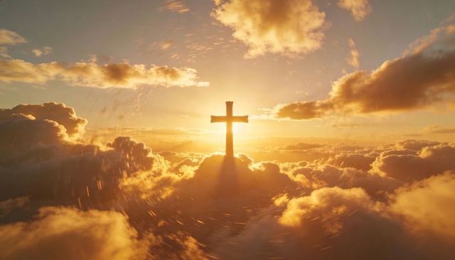 Golden sunrise cross silhouette above clouds radiant halo of faith and hope