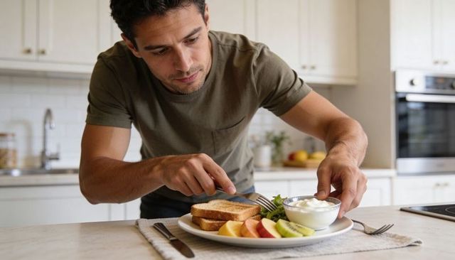 Man preparing healthy breakfast in modern kitchen cutting toast and arranging fruit
