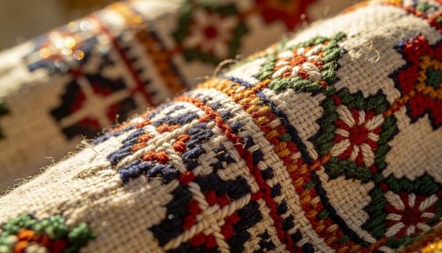 Hand-stitched embroidered linen showcasing colorful geometric floral cross-stitch detail
