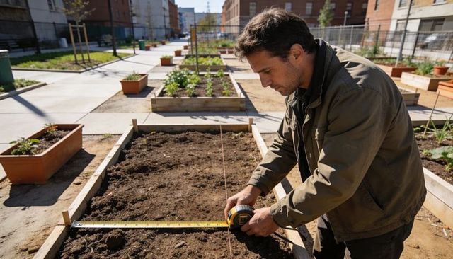 Urban gardener measuring raised bed with tape measure in community allotment on sunny day