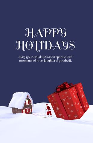 Charming snow-covered house with holiday gift greetings