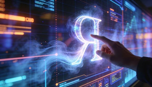 Touching glowing holographic R on futuristic HUD neon data visualization and analytics