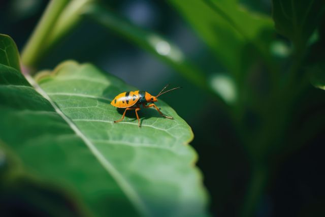 This close-up image captures a vibrant orange insect standing on a green leaf in its natural habitat. Ideal for educational materials, nature documentation, environmental campaigns, and wildlife presentations. It can also be used in articles or blogs focused on entomology, nature preservation, and biodiversity.