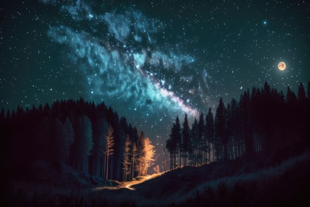 Captivating scene shows the Milky Way and stars over a silhouetted forest. Moon shines brightly while the path glows, creating a striking contrast. Perfect for use in nature blogs, wallpapers, astronomy articles, or inspirational posters.