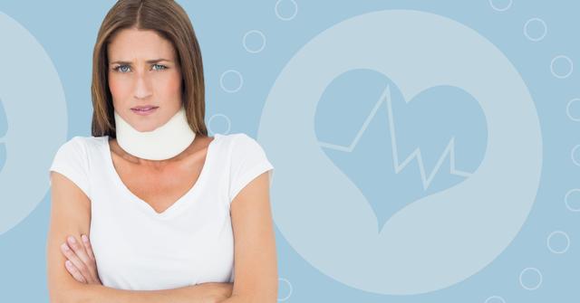 Female patient wearing a cervical collar, standing with arms crossed and displaying discomfort, against a digital medical-themed background. Great for illustrating neck injuries, orthopedic treatment, health care services, rehabilitation tips, and patient care stories.