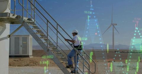 Wind Technician Climbing Turbine Stairs with Data Overlays for Renewable Energy Inspection