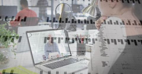 Remote team collaborating in open office with laptop video call and financial data overlay