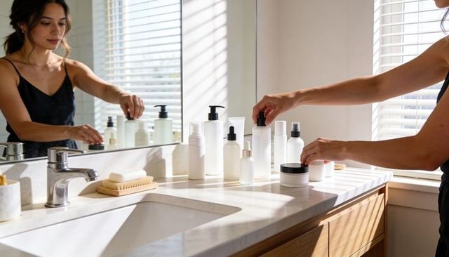 Woman arranging skincare bottles on sunlit minimalist marble vanity with mirror reflection