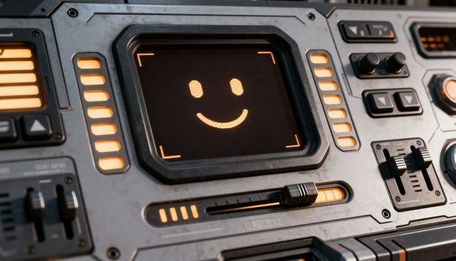 Displaying amber pixel smile on retro sci-fi cockpit console with faders and knobs