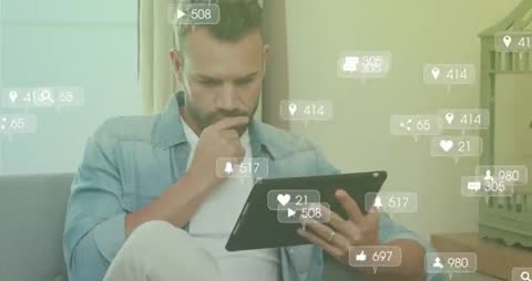 Man Engaging with Digital Tablet and Analyzing Social Media Analytics