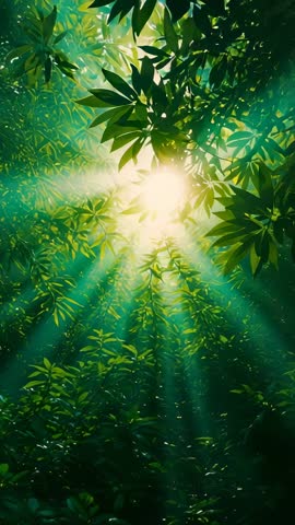 Morning Sunbeams Streaming Through Lush Forest Canopy Revealing Drifting Pollen Particles