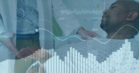 Clinician examining hospital patient with digital health data overlays and analytics