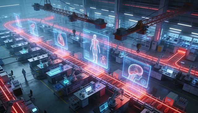 Futuristic automated biotech assembly line with holographic anatomy displays and robotics
