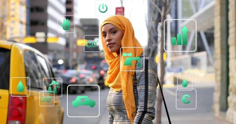 African american woman in hijab embracing urban sustainability and green mobility trends