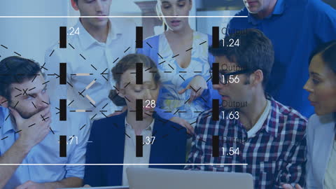 Team Analyzing Data with Digital Interface Overlay in Office