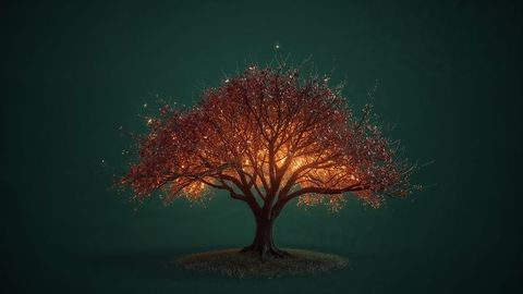 Mystical glowing tree with vibrant red leaves in enchanted green background