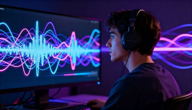 Young man wearing headphones monitoring neon audio waveform on widescreen monitor for music producti