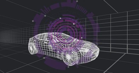 Futuristic wireframe car model in 3d virtual space