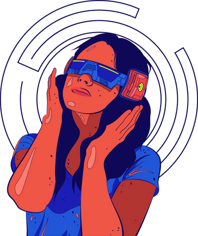 Stylized vision woman adjusting futuristic vr headset transparent