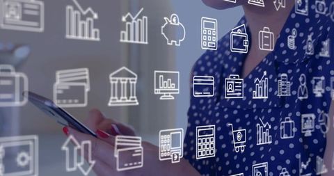 Holding smartphone tapping mobile banking icons overlaid woman in polka-dot top