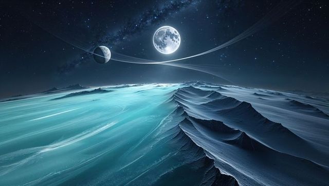 Mystical Extraterrestrial Landscape with Glowing Full Moon and Turquoise Ice