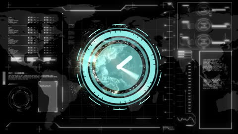 Futuristic Digital Clock Interface with World Map Background