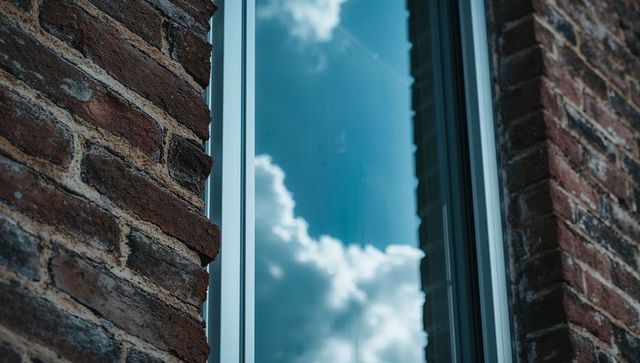 Narrow vertical window reflecting blue sky and clouds on weathered brick wall with metal frame