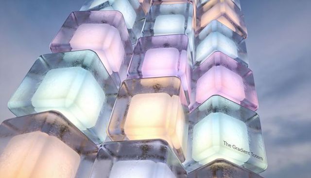 Glowing translucent cube totem stacking in pastel light, outdoor luminescent sculpture art