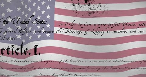 Us flag with gothic calligraphy and ink splatter overlay