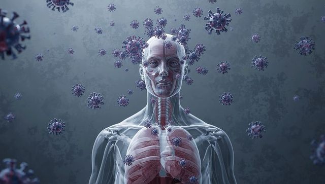 Virtual Human Anatomy Illustration with Floating Virus Particles