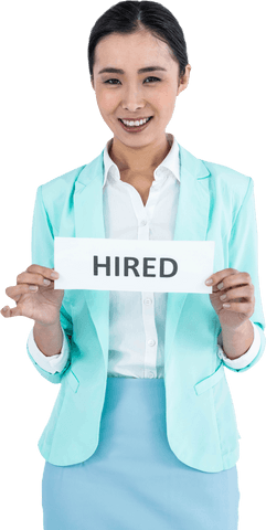 Businesswoman smiling transparent background hired sign