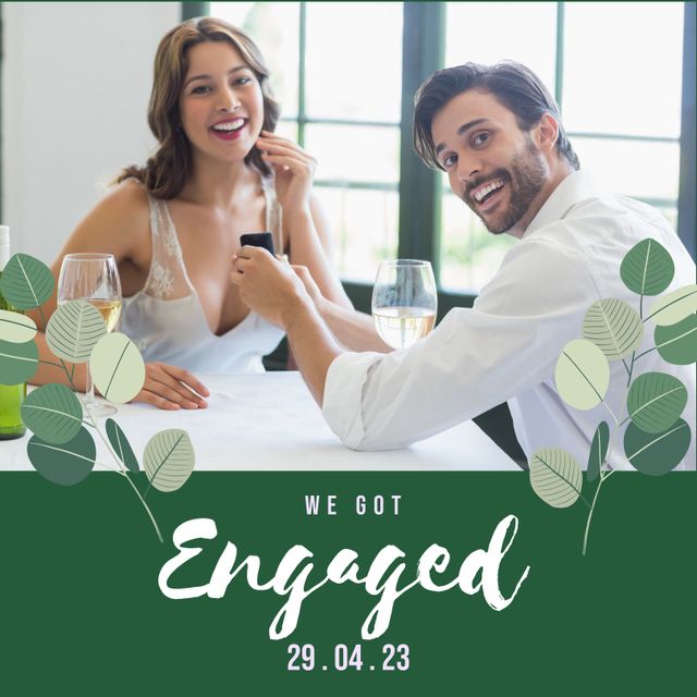Two people celebrating engagement at a table, both smiling joyfully while showcasing engagement ring. Suggests romance, commitment, and love. Can be used for engagement announcements, wedding invitations, or celebration themes.