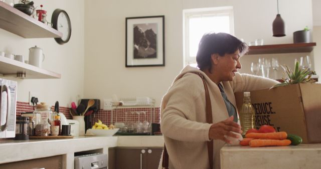 Woman Unpacking Grocery Box in Kitchen - Download Free Stock Images Pikwizard.com