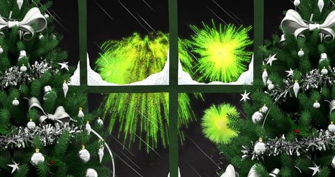 Festive Christmas Scene with Green Fireworks Through Snow-Covered Window